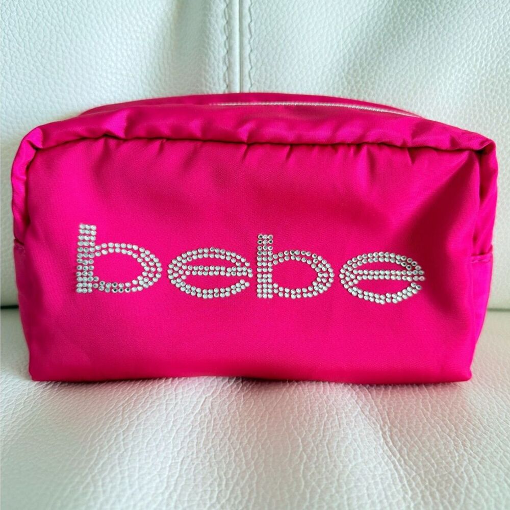 Bebe Pink Rhinestone Logo Cosmetic Makeup Bag Y2K Zip Pouch